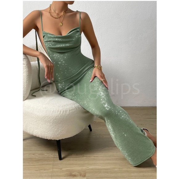 Glitter Lurex Mint Green Cowl Neck Backless Tie Straps Maxi Long Dress - Picture 7 of 14